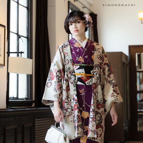 洗える着物 袷着物単品「ばら　紫色」KIMONOMACHI オリジナル きもの福袋から飛び出た着物単品 サイズS/M/L/LL 小紋 カジュアル着物 袷着物 レディース キモノ kimono【メール便不可】