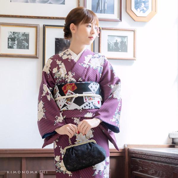 洗える着物 袷着物単品「ストライプブーケ プラム」KIMONOMACHI オリジナル きもの福袋から飛び出た着物単品 サイズS/M/L/LL 小紋 カジュアル着物 袷着物 レディース キモノ kimono【メール便不可】