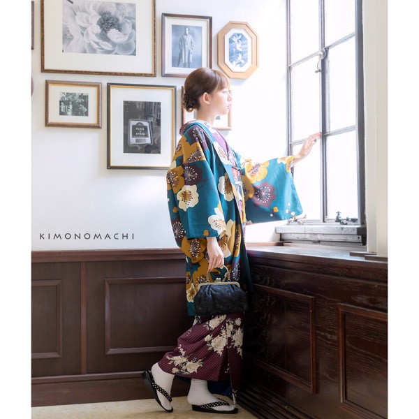 洗える着物 袷着物単品「ストライプブーケ プラム」KIMONOMACHI オリジナル きもの福袋から飛び出た着物単品 サイズS/M/L/LL 小紋 カジュアル着物 袷着物 レディース キモノ kimono【メール便不可】