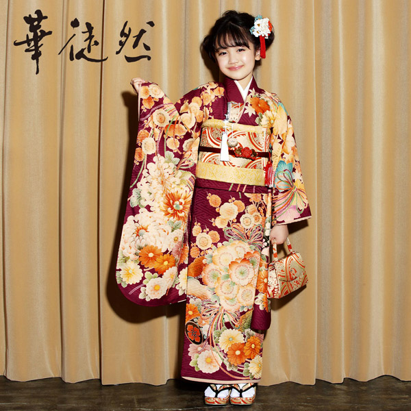 七五三 着物 7歳 ブランド 四つ身着物 単品 華徒然 「赤紫色　四季花くす玉」 女の子 7才 女児用 子供着物 七才のお祝い着向け 【メール便不可】