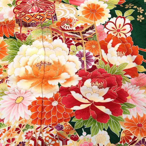 未仕立て 振袖 単品 「常盤色 熨斗に牡丹、貝桶」 仮絵羽 振り袖 正絹