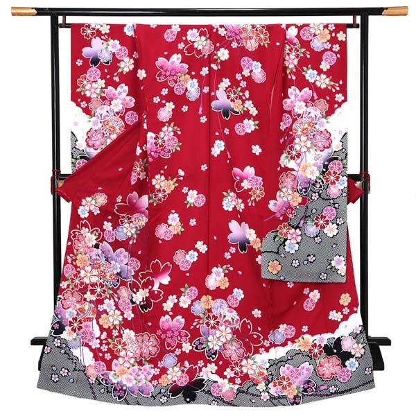 未仕立て 振袖 単品 「赤地　桜に手毬」 仮絵羽 振り袖 正絹 着物 レディース 成人式 結婚式 結納 パーティー 晴れ着 【メール便不可】