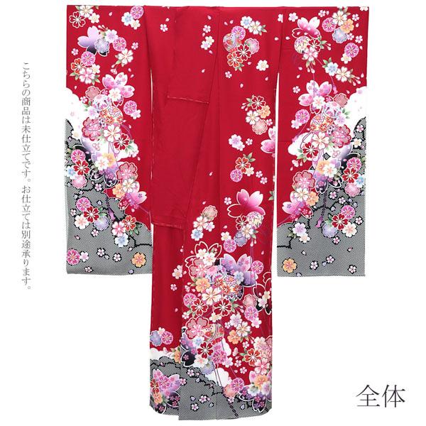 未仕立て 振袖 単品 「赤地　桜に手毬」 仮絵羽 振り袖 正絹 着物 レディース 成人式 結婚式 結納 パーティー 晴れ着 【メール便不可】
