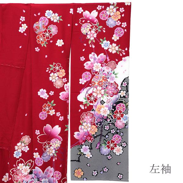 未仕立て 振袖 単品 「赤地　桜に手毬」 仮絵羽 振り袖 正絹 着物 レディース 成人式 結婚式 結納 パーティー 晴れ着 【メール便不可】
