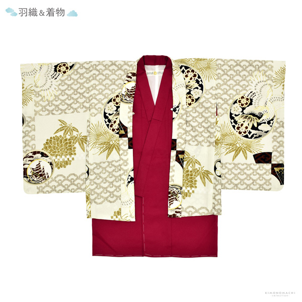 七五三 着物 男の子 3歳 ブランド 羽織袴セット JAPAN STYLE ジャパンスタイル 「アイボリー、レッド　鷹と帆船」 フルセット 3歳向け 3才 三歳 男児用 着物セット 子供着物 三才のお祝い着 【メール便不可】