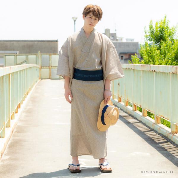 浴衣 セット メンズ 男性用浴衣セット 浴衣5点セット(浴衣+角帯+下駄+巾着+腰紐) 「楊柳浴衣 黒色破れ細格子 ベージュ破れ細格子 全2柄」 S M L LL サイズ