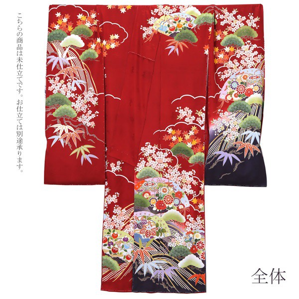 未仕立て 振袖 単品「濃紅　流水に松、檜扇」日本製 仮絵羽 振り袖 正絹 着物 レディース 成人式 結婚式 結納 パーティー 晴れ着【メール便不可】