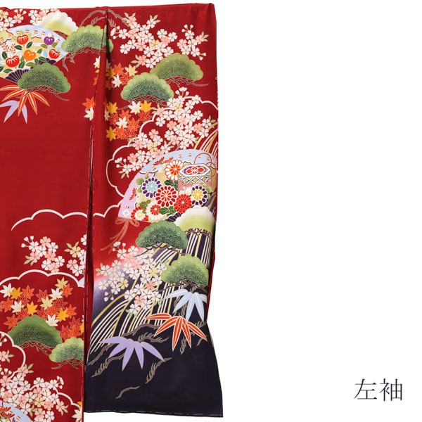 未仕立て 振袖 単品「濃紅　流水に松、檜扇」日本製 仮絵羽 振り袖 正絹 着物 レディース 成人式 結婚式 結納 パーティー 晴れ着【メール便不可】