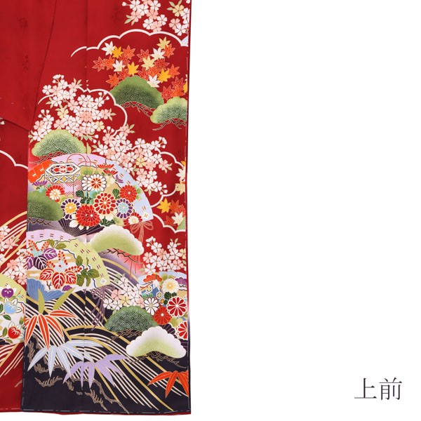 未仕立て 振袖 単品「濃紅　流水に松、檜扇」日本製 仮絵羽 振り袖 正絹 着物 レディース 成人式 結婚式 結納 パーティー 晴れ着【メール便不可】