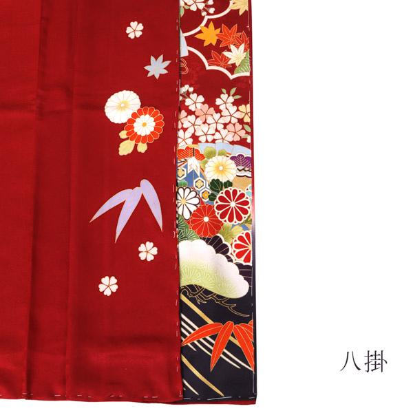 未仕立て 振袖 単品「濃紅 流水に松、檜扇」日本製 仮絵羽 振り袖 正絹