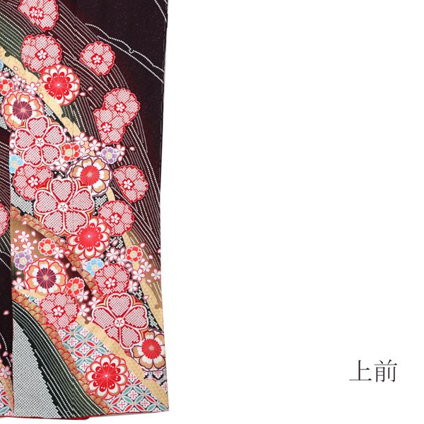 未仕立て 振袖 単品「暗紫色　雪芝取りに花紋」日本製 仮絵羽 振り袖 正絹 着物 レディース 成人式 結婚式 結納 パーティー 晴れ着【メール便不可】