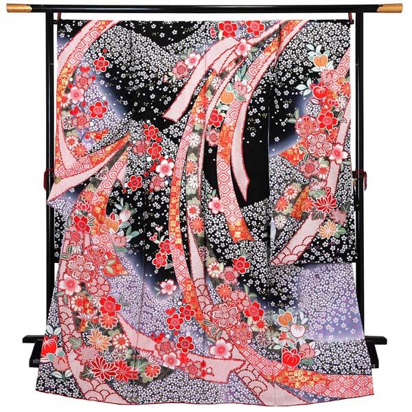 未仕立て 振袖 単品「黒地　小桜に蔓帯」日本製 仮絵羽 振り袖 正絹 着物 レディース 成人式 結婚式 結納 パーティー 晴れ着【メール便不可】