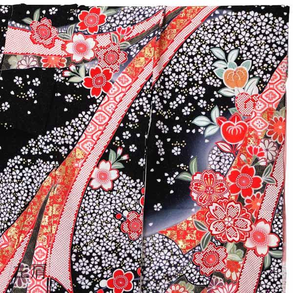 未仕立て 振袖 単品「黒地　小桜に蔓帯」日本製 仮絵羽 振り袖 正絹 着物 レディース 成人式 結婚式 結納 パーティー 晴れ着【メール便不可】