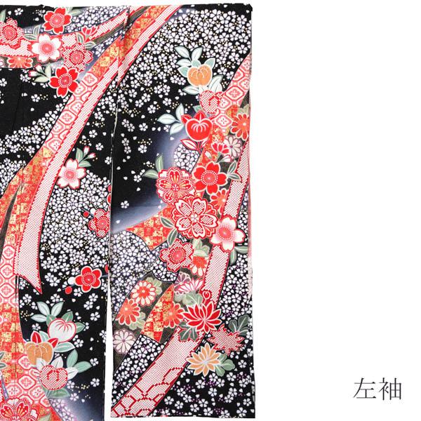 未仕立て 振袖 単品「黒地　小桜に蔓帯」日本製 仮絵羽 振り袖 正絹 着物 レディース 成人式 結婚式 結納 パーティー 晴れ着【メール便不可】