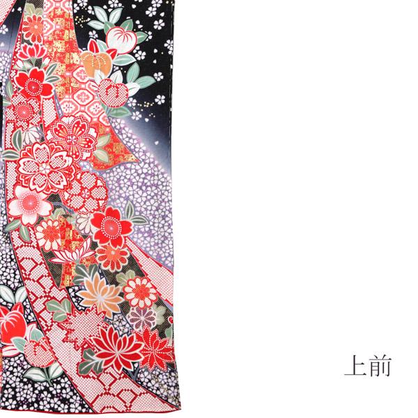 未仕立て 振袖 単品「黒地　小桜に蔓帯」日本製 仮絵羽 振り袖 正絹 着物 レディース 成人式 結婚式 結納 パーティー 晴れ着【メール便不可】