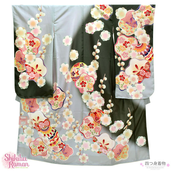 七五三 着物 7歳 ブランド 四つ身着物 単品 Shikibu Roman 式部浪漫「グレー×墨色 梅」女の子 7才 女児用 子供着物 七才のお祝い着向け 日本製【メール便不可】