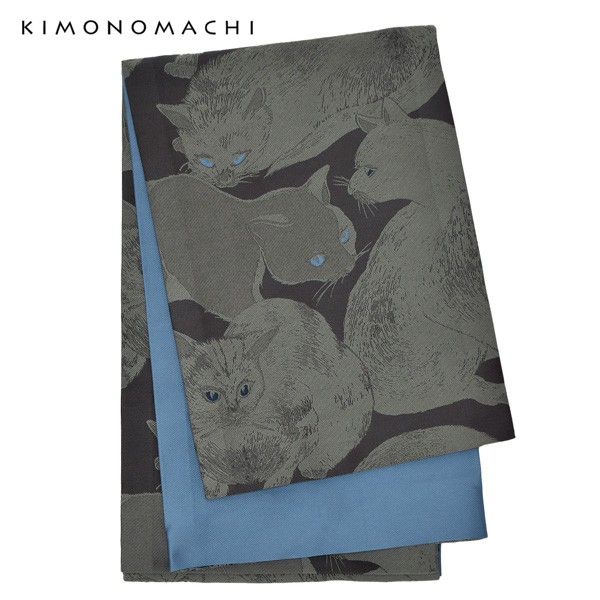 京袋帯 単品 数量限定 KIMONOMACHI オリジナル 「薄暮の灰猫」 苺 イチゴ ポリエステル 名古屋帯 普段着着物用 京都きもの町オリジナル 日本製 【メール便不可】