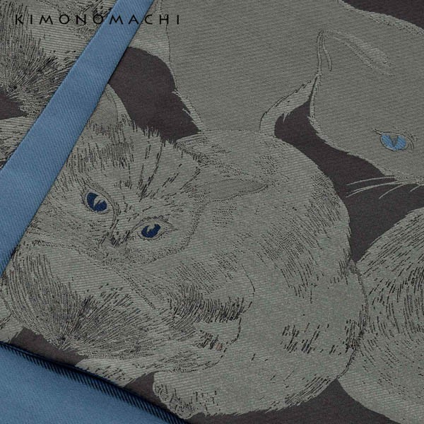 京袋帯 単品 数量限定 KIMONOMACHI オリジナル 「薄暮の灰猫」 苺 イチゴ ポリエステル 名古屋帯 普段着着物用 京都きもの町オリジナル 日本製 【メール便不可】