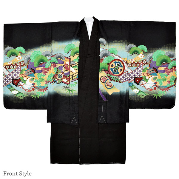 七五三 着物 男の子 5歳 羽織袴セット 「黒　鷹、蔓帯」 フルセット 5歳向け 5才 五歳 男児用 着物セット 子供着物 五才のお祝い着 【メール便不可】