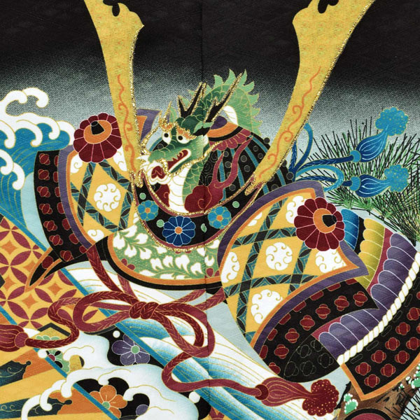 七五三 着物 男の子 5歳 羽織袴セット 「黒　兜に片輪車」 フルセット 5歳向け 5才 五歳 男児用 着物セット 子供着物 五才のお祝い着 【メール便不可】