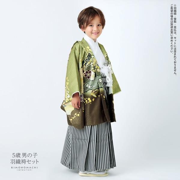 七五三 着物 男の子 5歳 羽織袴セット「抹茶色　雲取りに松と菊」フルセット 5歳向け 5才 五歳 男児用 着物セット 子供着物 五才のお祝い着【メール便不可】