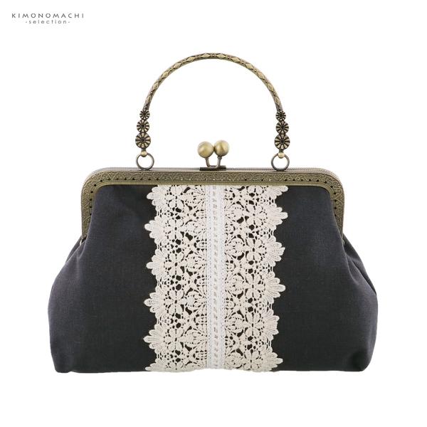 レース がま口バッグ「チャコールグレー」バッグ アンティーク調 カジュアル パーティー お洒落 普段使い 成人式 振袖 着物 和装 和服 卒業式 謝恩会 袴 洋服 和装バッグ カバン かばん 鞄【メール便不可】