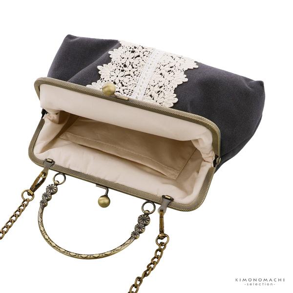 レース がま口バッグ「チャコールグレー」バッグ アンティーク調 カジュアル パーティー お洒落 普段使い 成人式 振袖 着物 和装 和服 卒業式 謝恩会 袴 洋服 和装バッグ カバン かばん 鞄【メール便不可】