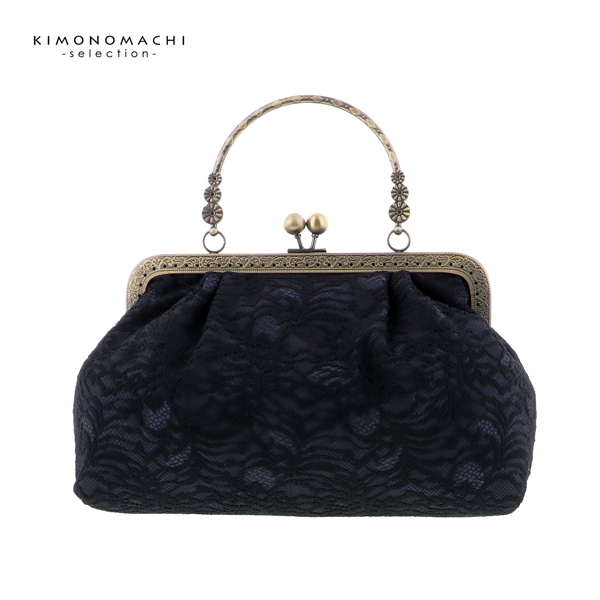 レース がま口バッグ「ブラック・ホワイト」バッグ 黒 白 アンティーク調 カジュアル パーティー お洒落 普段使い 成人式 振袖 着物 和装 和服 卒業式 謝恩会 袴 洋服 和装バッグ カバン かばん 鞄【メール便不可】