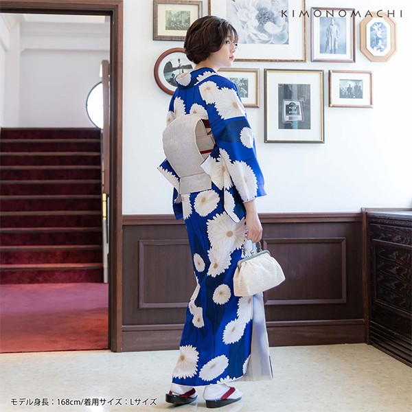洗える着物 セット「袷着物:矢羽根に菊 瑠璃色+京袋帯:献上鳥更紗」KIMONOMACHI オリジナル 着物と帯の2点セット サイズS/M/L/LL コーディネート済み着物セット 小紋 レディース キモノ【メール便不可】