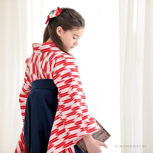 袴セット ジュニア 小学生 女の子「矢羽　赤×白＋紺」 卒業式 子供用 133〜159cm (着物+袴+二尺袖用襦袢+袴下帯) 3S・SS/2S・S・Mサイズ 女の子袴セット 大人の小さいサイズ 矢羽根 矢絣【メール便不可】