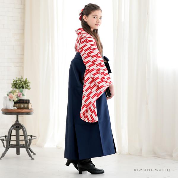 袴セット ジュニア 小学生 女の子「矢羽　赤×白＋紺」 卒業式 子供用 133〜159cm (着物+袴+二尺袖用襦袢+袴下帯) 3S・SS/2S・S・Mサイズ 女の子袴セット 大人の小さいサイズ 矢羽根 矢絣【メール便不可】