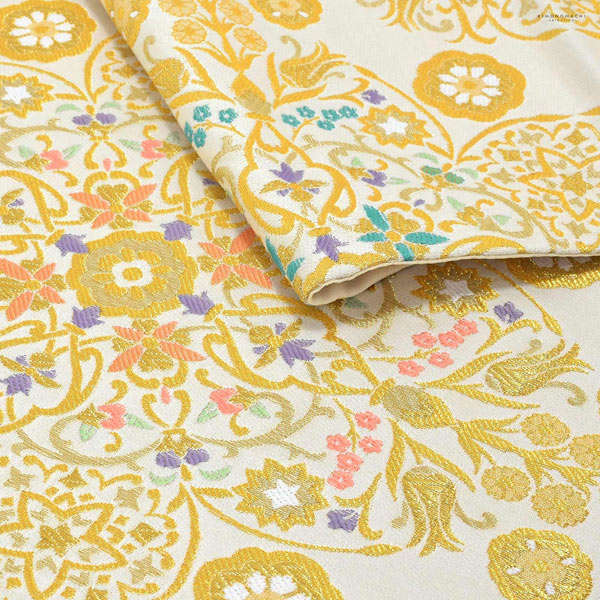 礼装向け 袋帯 単品 お仕立て上がり「白　聖樹文様」フォーマル 全通柄 ポリエステル帯 日本製 訪問着 留袖【メール便不可】