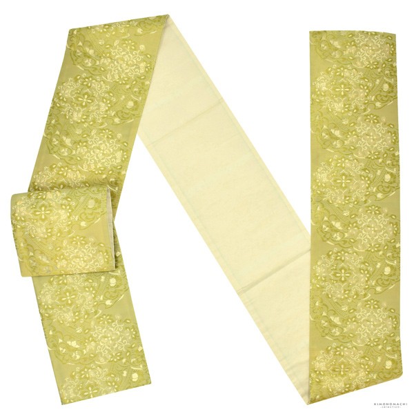 礼装向け 袋帯 単品 お仕立て上がり「黄緑色　雪輪に鏡、華紋」フォーマル 全通柄 ポリエステル帯 日本製 訪問着 留袖【メール便不可】