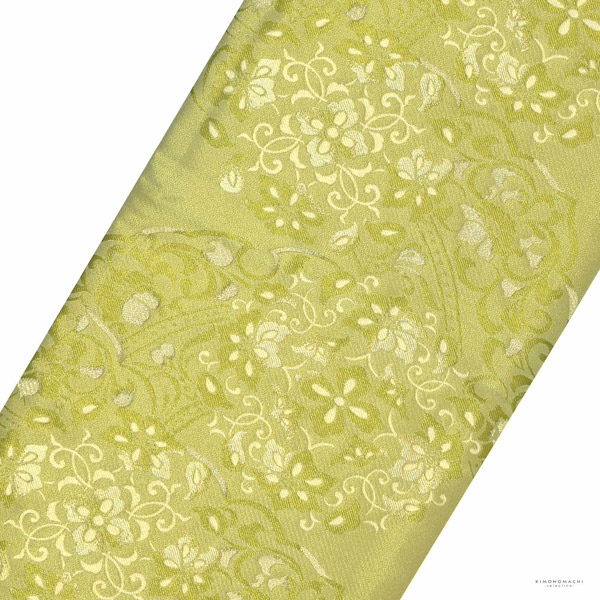 礼装向け 袋帯 単品 お仕立て上がり「黄緑色　雪輪に鏡、華紋」フォーマル 全通柄 ポリエステル帯 日本製 訪問着 留袖【メール便不可】