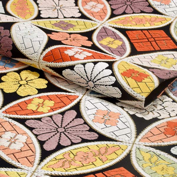 西陣織 袋帯 単品 お仕立て上がり「黒色 七宝花文」河合美術織物（株）謹製 フォーマル 六通柄 日本製 京都 西陣織 振袖帯 訪問着 留袖【メール便不可】