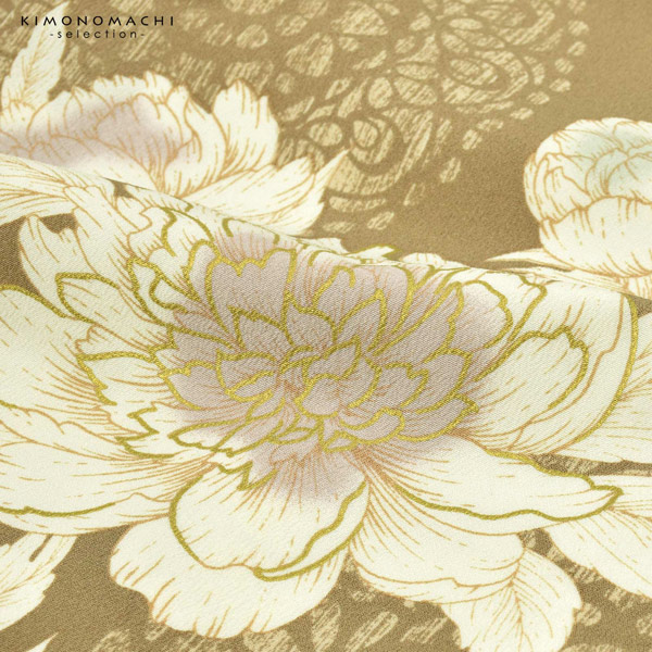 二尺袖着物 単品 百華小紋「牡丹　カーキベージュ」日本製 お仕立て上がり レディース 洗える着物 二尺袖 着物 袴に合わせて 卒業式 謝恩会に＜U＞【メール便不可】