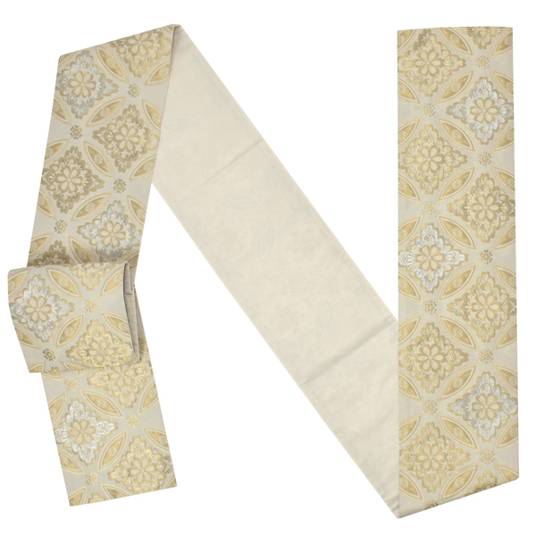 礼装向け 袋帯 単品 お仕立て上がり「ベージュゴールド　七宝花菱」フォーマル 全通柄 ポリエステル帯 日本製 訪問着 留袖【メール便不可】