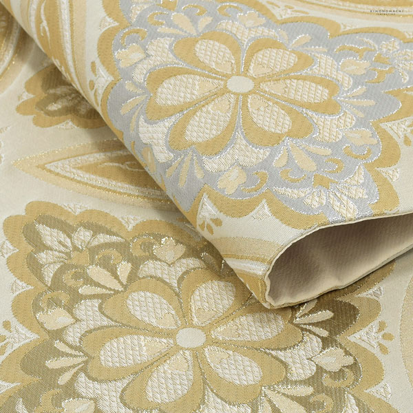 礼装向け 袋帯 単品 お仕立て上がり「ベージュゴールド　七宝花菱」フォーマル 全通柄 ポリエステル帯 日本製 訪問着 留袖【メール便不可】