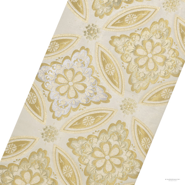 礼装向け 袋帯 単品 お仕立て上がり「ベージュゴールド　七宝花菱」フォーマル 全通柄 ポリエステル帯 日本製 訪問着 留袖【メール便不可】