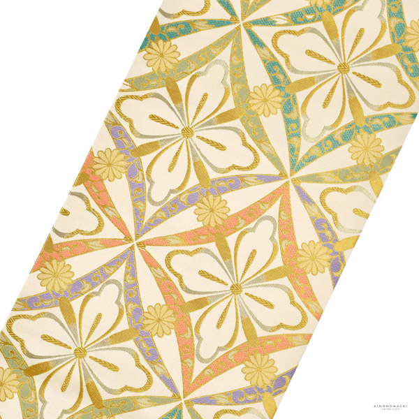 礼装向け 袋帯 単品 お仕立て上がり「ベージュ地 七宝花菱に菊」フォーマル 全通柄 ポリエステル帯 日本製 訪問着 留袖【メール便不可】