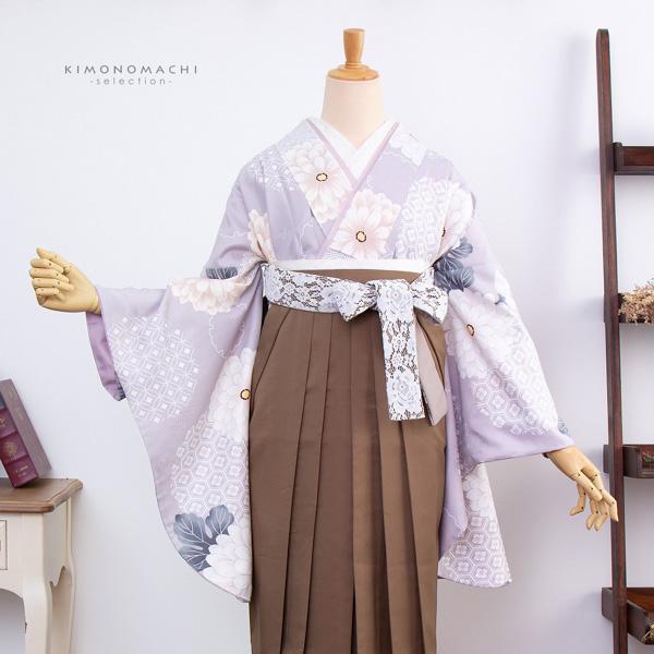 袴 セット 卒業式 女性 4点セット「二尺袖：藤鼠色 雪輪取りに八重菊＋レース袴：シナモンブラウン、ベージュ＋袴下帯：ホワイト 麻の葉＋襦袢」レディース 袴セット 二尺袖着物セット 着物 卒業 二尺袖 袴【メール便不可】