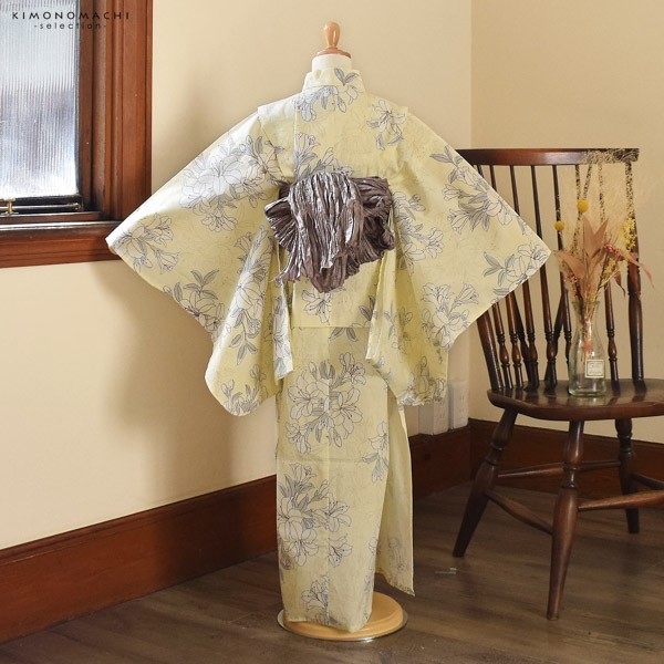 浴衣 子供 女の子 子供浴衣 単品「クリームイエロー 百合」110cm/120cm/130cm/140cm/150cm こども 子ども キッズ ジュニア ゆかた yukata kids【メール便不可】