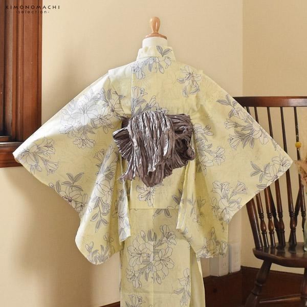 浴衣 子供 女の子 子供浴衣 単品「クリームイエロー 百合」110cm/120cm/130cm/140cm/150cm こども 子ども キッズ ジュニア ゆかた yukata kids【メール便不可】