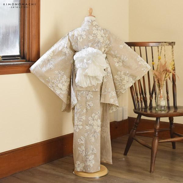浴衣 子供 女の子 子供浴衣 単品「ベージュ　百合」110cm/120cm/130cm/140cm/150cm こども 子ども キッズ ジュニア ゆかた yukata kids【メール便不可】