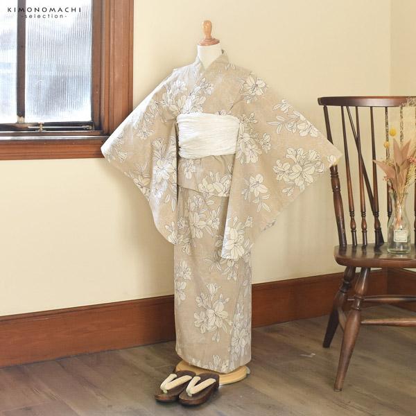 浴衣 子供 女の子 子供浴衣 単品「ベージュ　百合」110cm/120cm/130cm/140cm/150cm こども 子ども キッズ ジュニア ゆかた yukata kids【メール便不可】