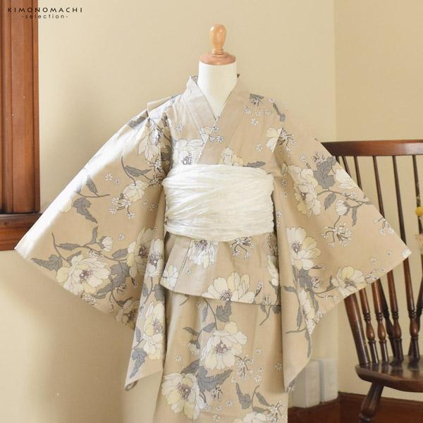浴衣 子供 女の子 子供浴衣 単品「ベージュ　アネモネ」110cm/120cm/130cm/140cm/150cm こども 子ども キッズ ジュニア ゆかた yukata kids【メール便不可】