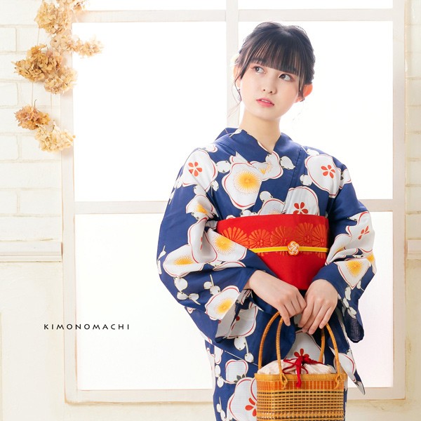 浴衣 レディース 浴衣と帯の2点セット 「浴衣 紺色 梅＋半幅帯 ポピー