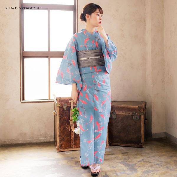 浴衣 レディース 浴衣と帯の2点セット 「浴衣 金魚 ピンク×薄墨 スモークブルー+兵児帯 ベージュグレー」 女性浴衣 兵児帯 ゆかた 京都きもの町オリジナル 【メール便不可】