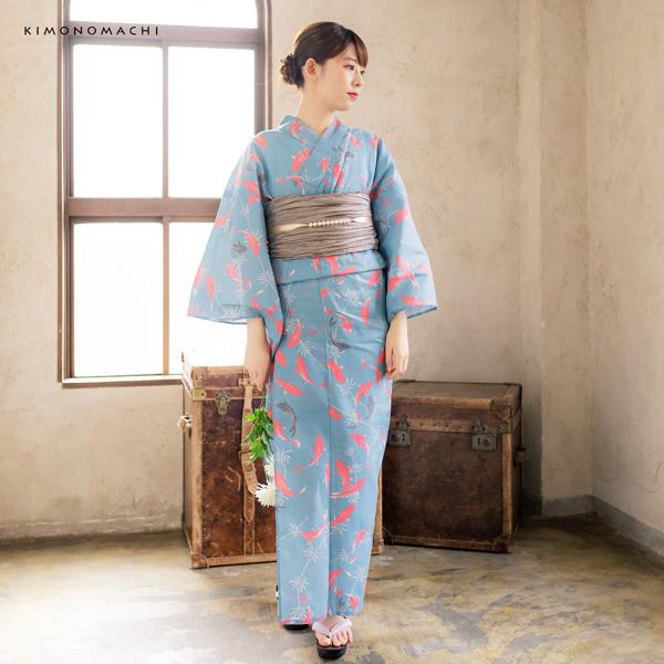 浴衣 レディース 浴衣と帯の2点セット 「浴衣 金魚 ピンク×薄墨 スモークブルー+兵児帯 ベージュグレー」 女性浴衣 兵児帯 ゆかた 京都きもの町オリジナル 【メール便不可】