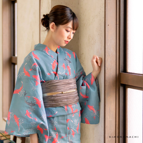 浴衣 レディース 浴衣と帯の2点セット 「浴衣 金魚 ピンク×薄墨 スモークブルー+兵児帯 ベージュグレー」 女性浴衣 兵児帯 ゆかた 京都きもの町オリジナル 【メール便不可】